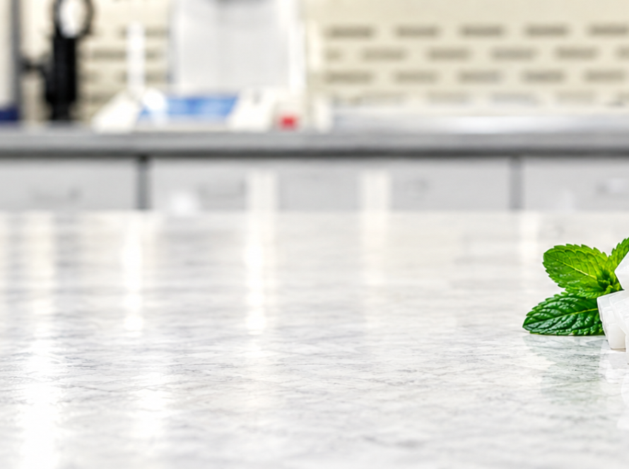 White compounded troches with fresh mint leaves in a compounding pharmacy.